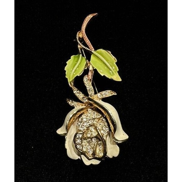 KRAMER OF NEW YORK FLOWER ROSE PIN BROOCH VINTAGE WHITE ENAMEL RHINESTONE SIGNED - Picture 2 of 7